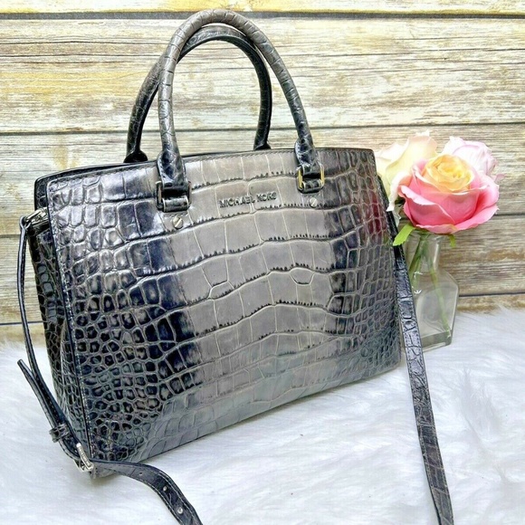 Michael Kors Selma Gray Croc Embossed Leather Purse Shoulder Bag Satchel Tote